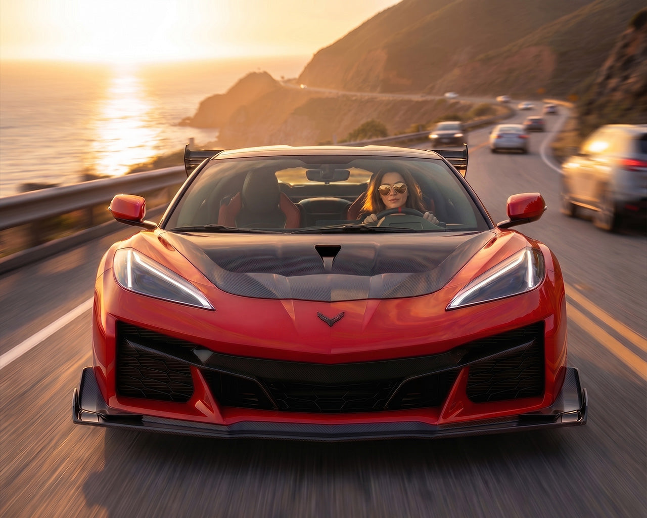 C8 Corvette Z06 Stage 3 Legacy Edition carbon fiber front splitter lip driving on coastal road