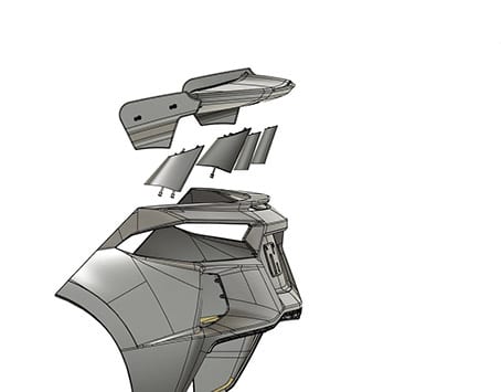 3D CAD digitized fitment and exploded assembly diagram for C8 Corvette high wing Performance spoiler