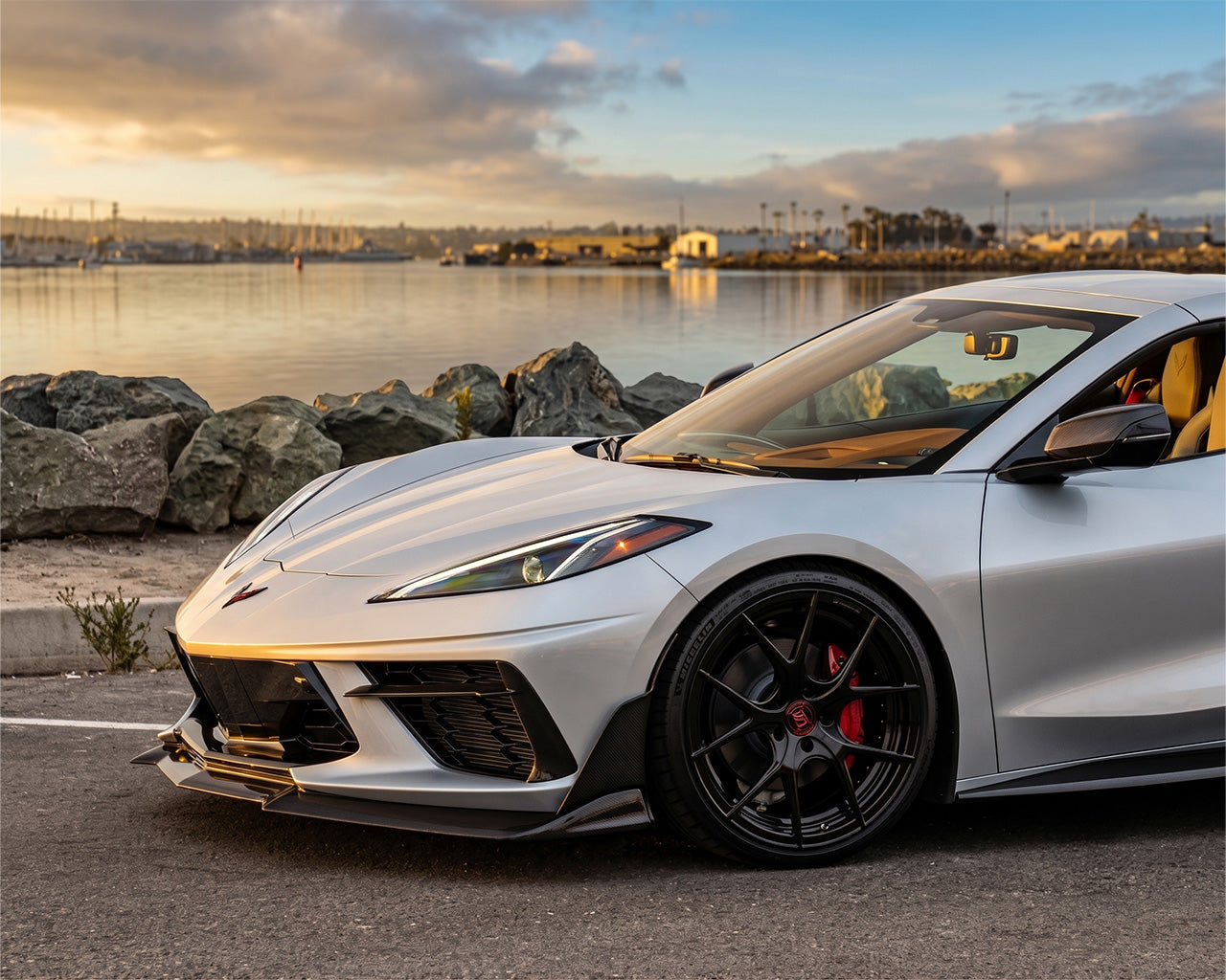C8 Corvette Stingray Race Edition Stage 2 front splitter lip in Carbon Flash Metallic installed