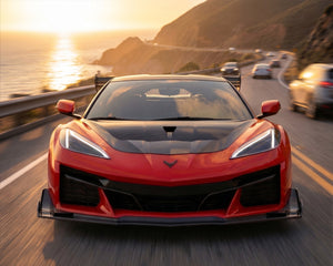 Frontal Sunset View of C8 Corvette Equipped with Track-Spec Carbon Fiber S-Duct Hood