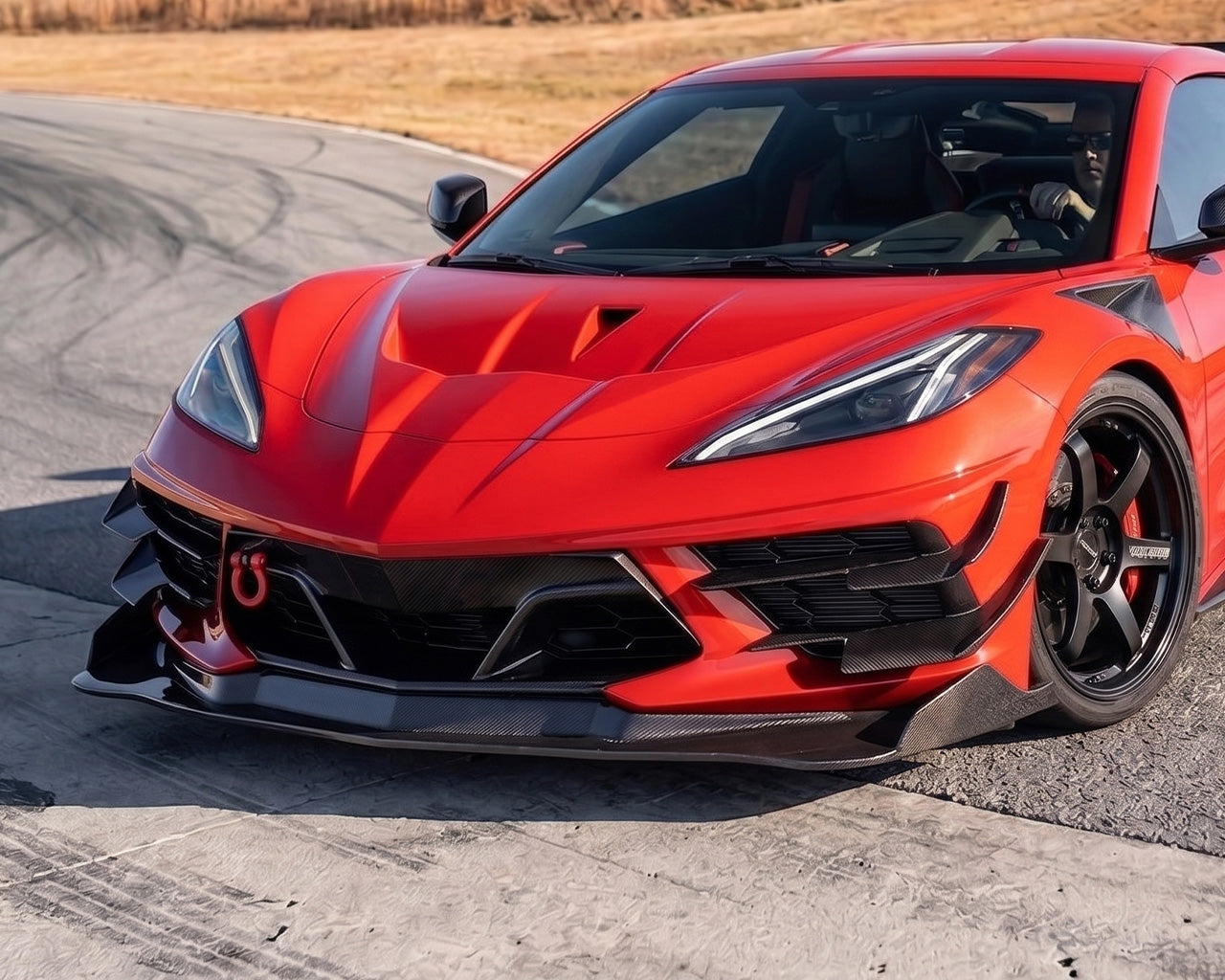 Close-Up View of C8 Corvette Front Bumper Splitter and S-Duct Carbon Fiber Hood Vent