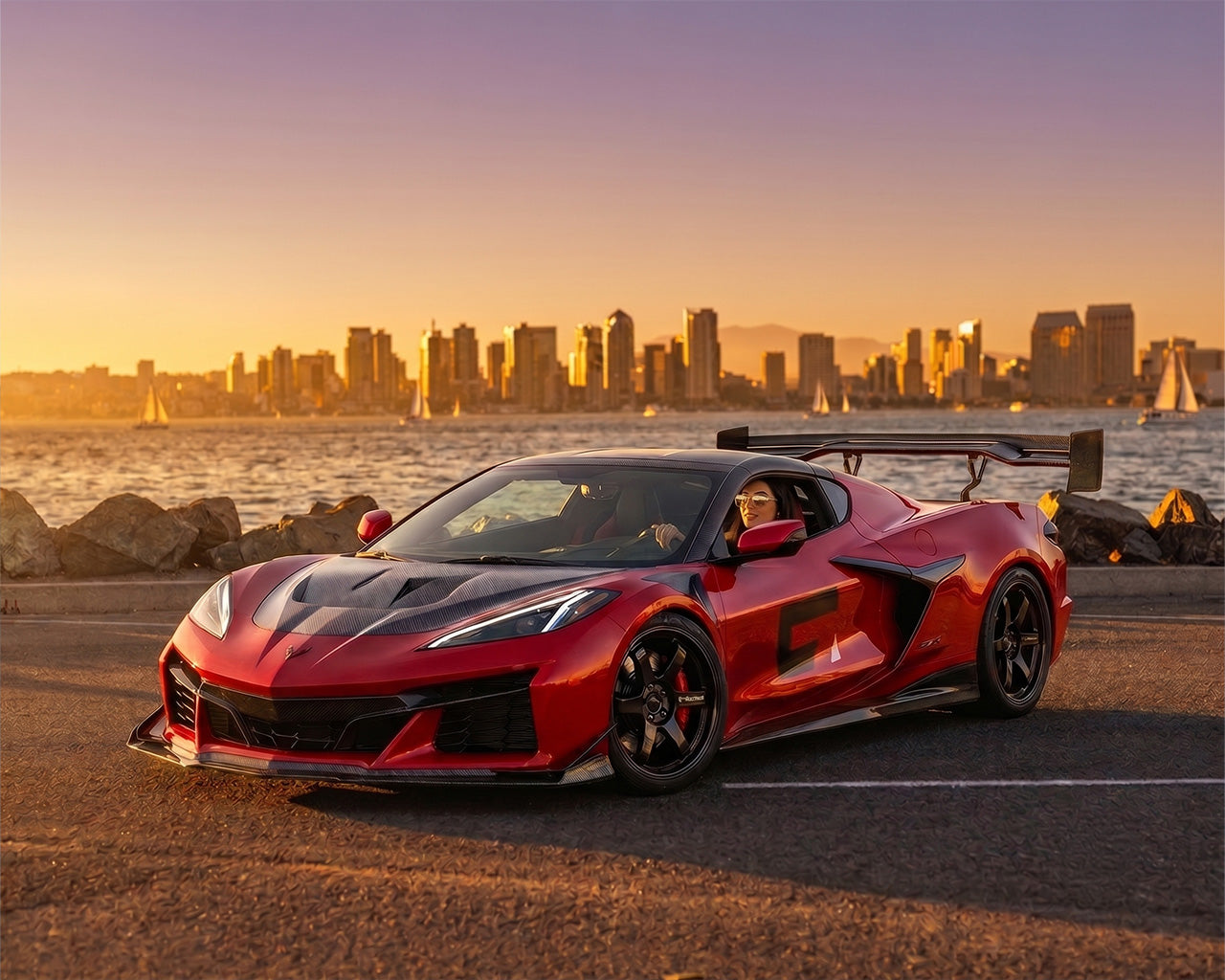 Torch Red C8 Corvette Stingray with Carbon Fiber S-Duct Hood Sunset Profile Shot
