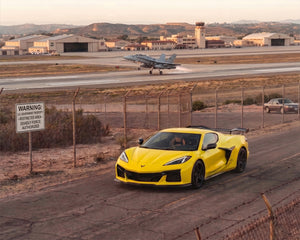 C8 Corvette Z06 equipped with Z07-style front splitter without canard slots Infront of Miramar air force base