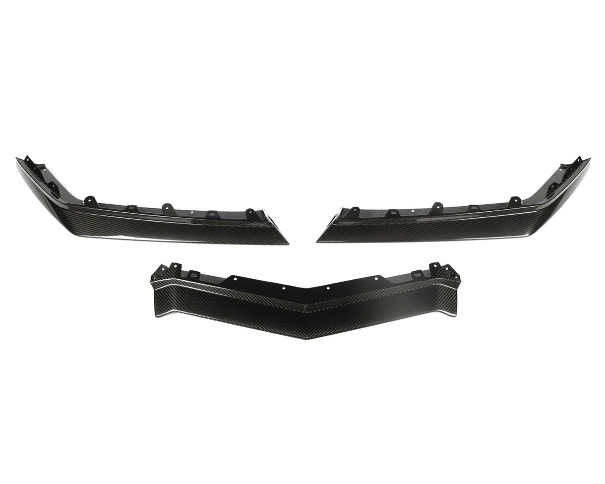 C7 Carbon 3-piece front splitter assembly in Carbon Flash with smooth non-canard winglets uninstalled