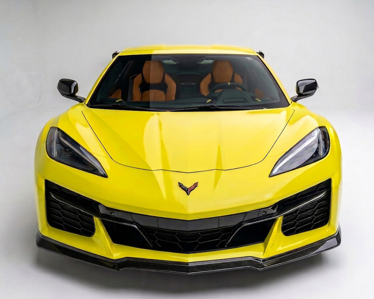 Front angle view of C8 Corvette Z06 showing Z07-style 3-piece front splitter lip fitment