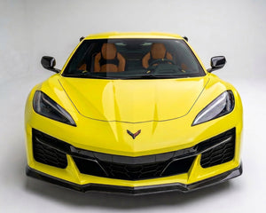 Front angle view of C8 Corvette Z06 showing Z07-style 3-piece front splitter lip fitment