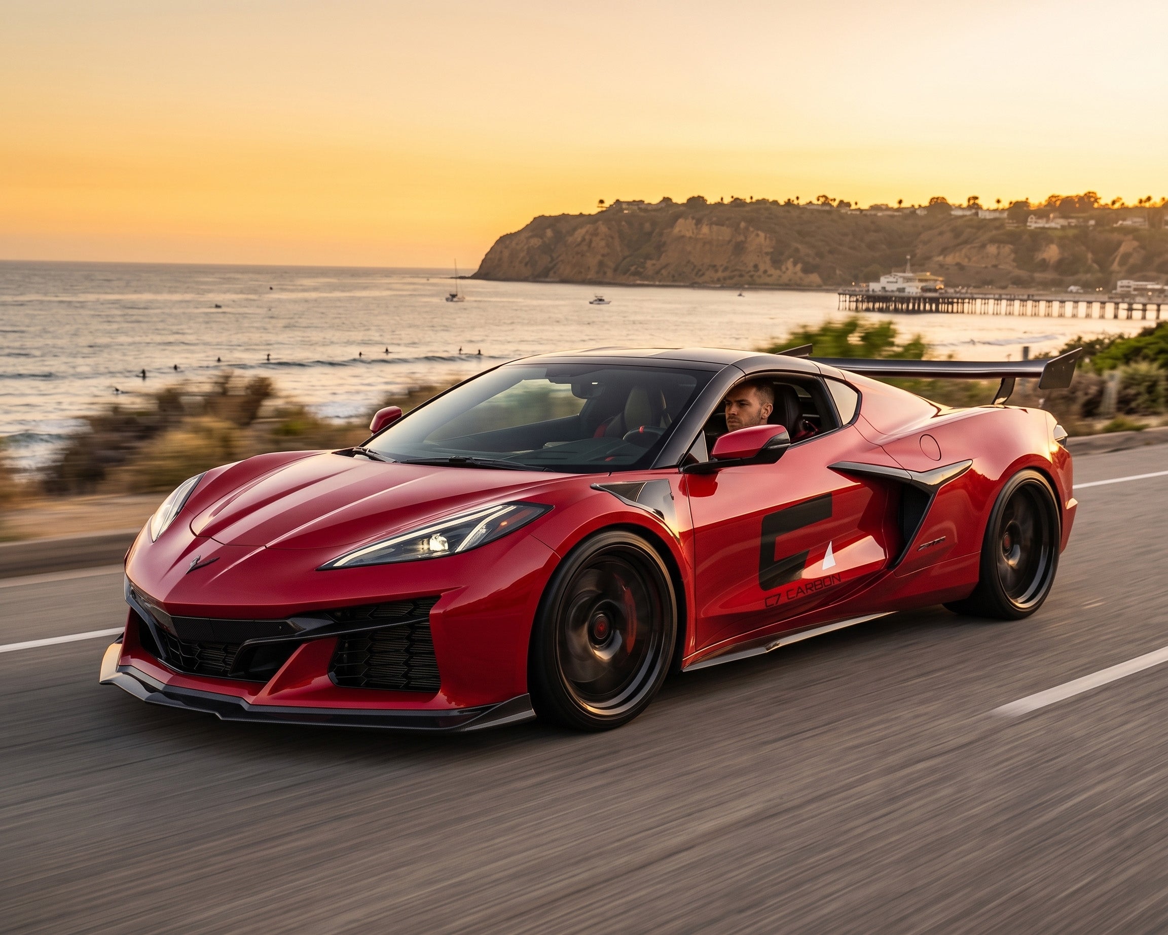  セット　チェリー　レッド Corvette C8 Z06 & E-Ray Stage 2 Carbon Splitter (No Canard Slots