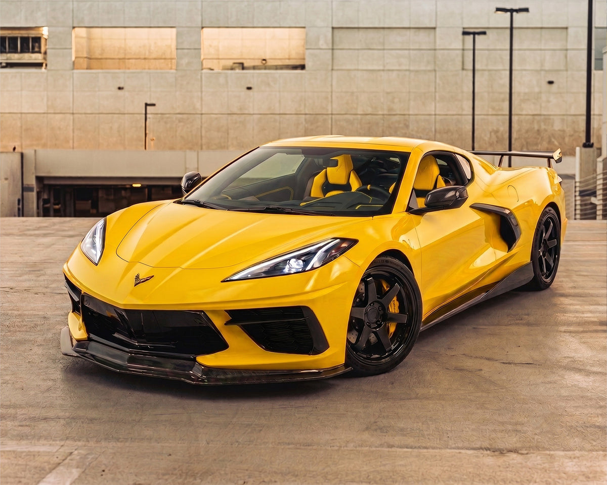 Accelerate Yellow C8 Corvette Stingray with C7 Carbon Champion Front Splitter Lip