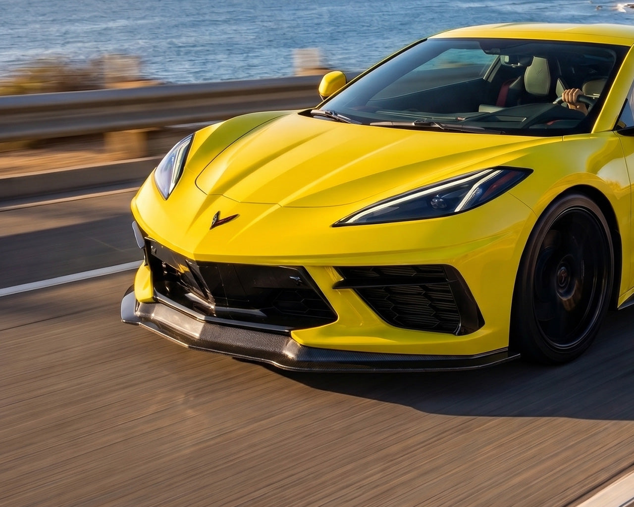Accelerate Yellow C8 Corvette Champion Front Splitter in Motion | C7 Carbon