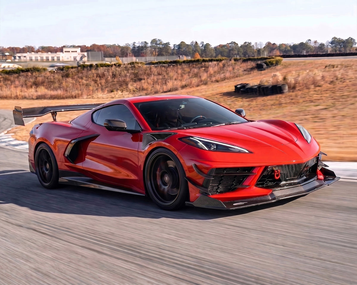 Torch Red C8 Corvette Stingray with C7 Carbon Fiber Front Fender Louvers